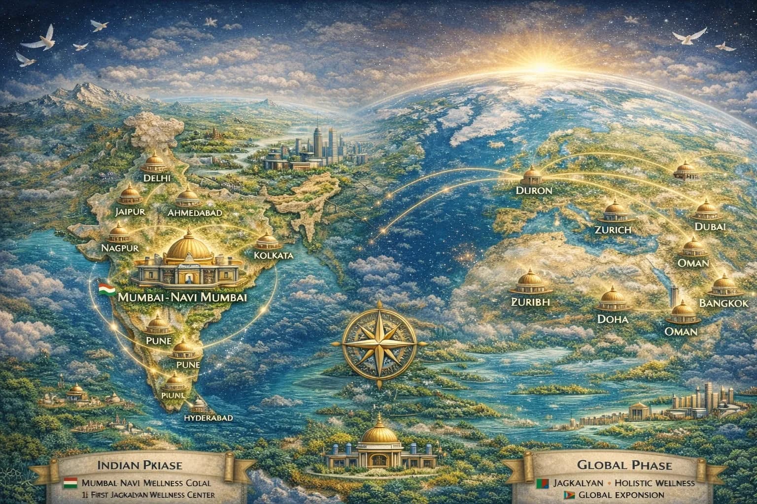 JagKalyan global expansion map — the Mumbai–Navi Mumbai pilot hub, expansion across major Indian cities, and global rollout to the Middle East, Europe and South East Asia.
