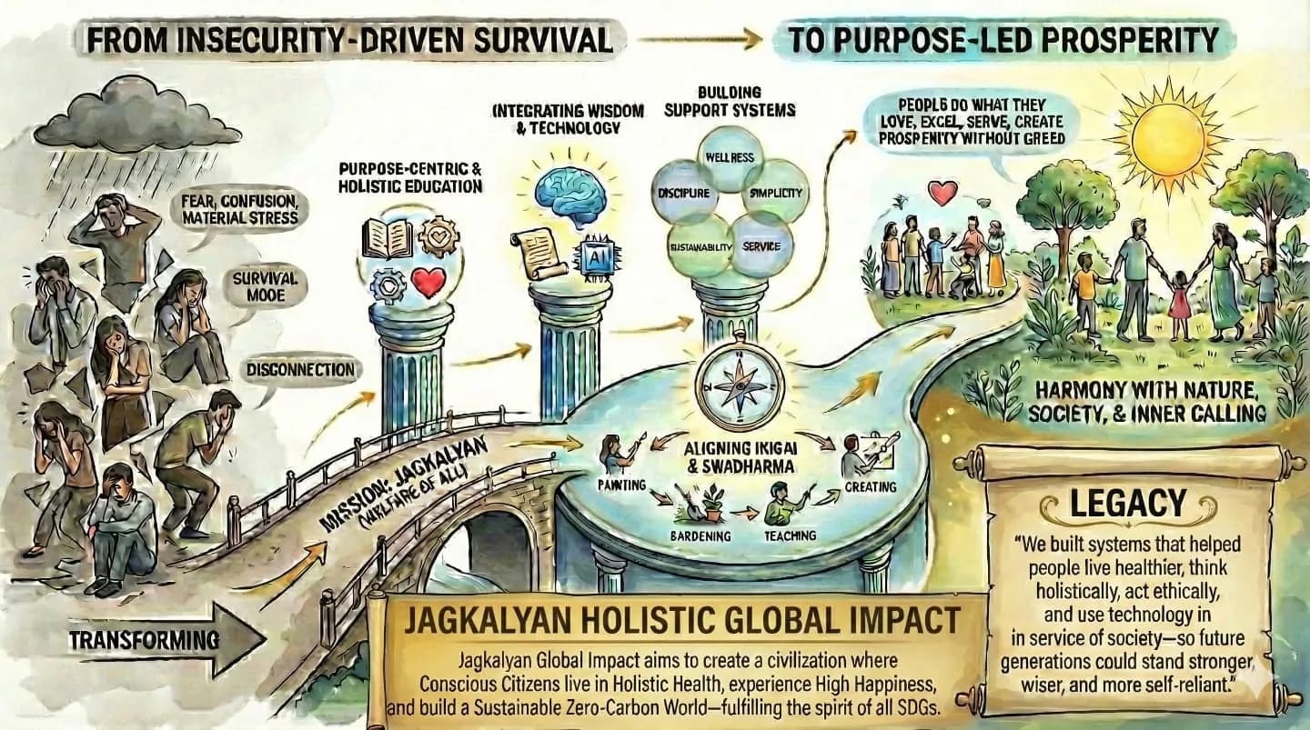 From insecurity-driven survival to purpose-led prosperity — the mission as a bridge, carried by purpose-centric holistic education, integrated wisdom and technology, and support systems, leading to alignment of Ikigai and Swadharma.