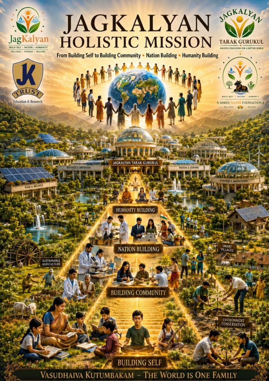 JagKalyan Holistic Mission — one humanity, one planet, universal well-being, illustrated as a global gathering.
