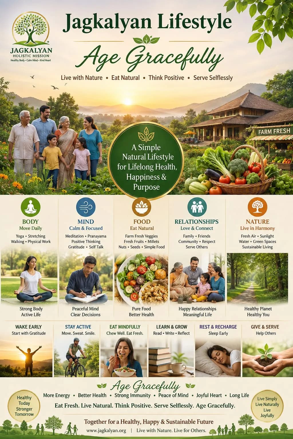 JagKalyan Lifestyle — Age Gracefully. Body, mind, food, relationships and nature, with a daily rhythm of waking early, staying active, eating mindfully, learning, resting and serving.