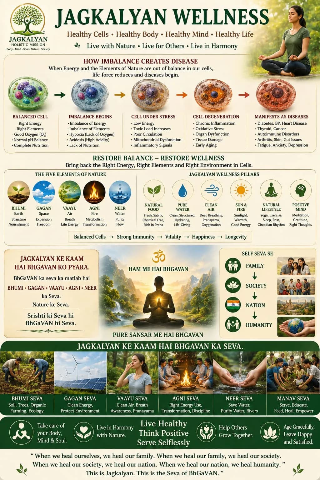 JagKalyan Wellness — healthy cells to healthy life, the five elements of nature, the six wellness pillars, and seva from self outward to humanity.